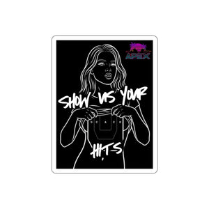 Show Us Your Hits Apex Collab Die-Cut Sticker — Retro Neon Music Girl Laptop Sticker